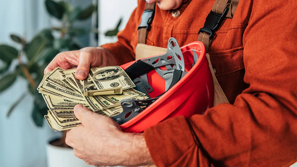General contractor with money in helmet